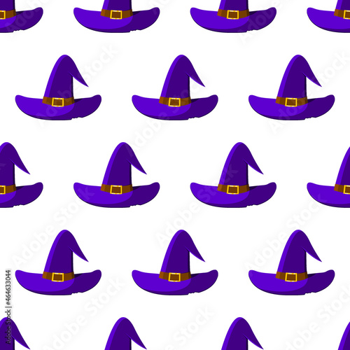 Halloween witch hat with a gold buckle  purple. Seamless pattern. Vector illustration in cartoon style. Halloween costume. Costume party in late October.