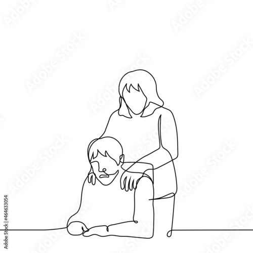 woman is holding by the shoulders man who does not like it - one line drawing. female boss harasses a frustrated male subordinate; unpleasant touch concept, comfort crying person, sexual harassment 