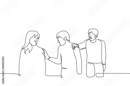 man grabs shoulder of another communicating with a woman - one line drawing. man stops friend from having relationship with bad or dangerous woman; gay man in love is jealous of lover for woman
