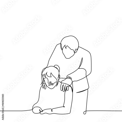 man is holding by the shoulders woman who does not like it - one line drawing. unpleasant touch concept, comfort crying person, sexual harassment