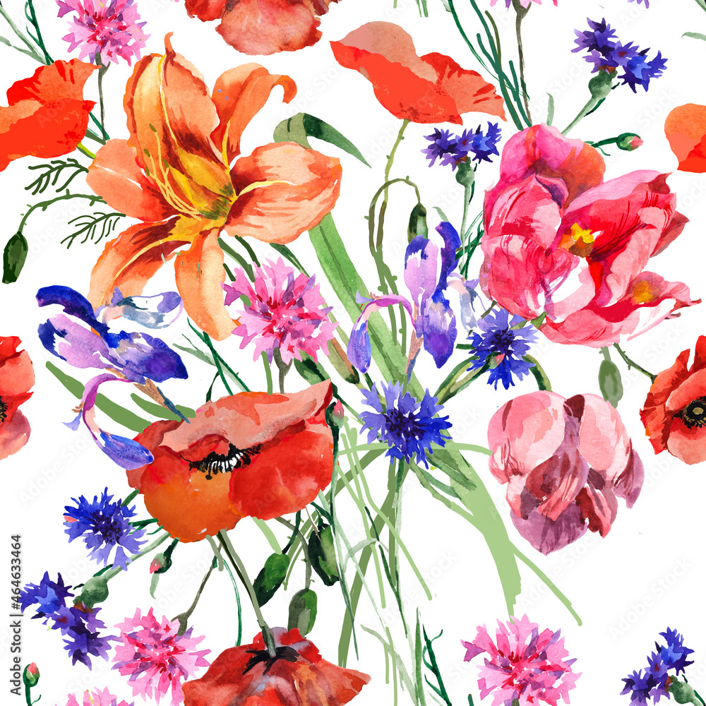 Garden and wild flowers watercolor on white background seamless pattern for all prints.