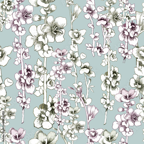 White wildflowers pencildrawing on light gree background seamless pattern for all prints. photo