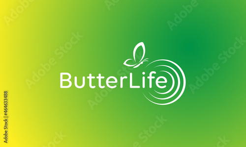 vector graphic illustration logo design for typography combination butterfly and life, with ripple water on it and fresh green yellow gradation color background.