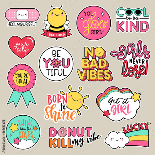Set of fashion patches, cute colorful badges, inspirational quotes, fun cartoon icons design vector.