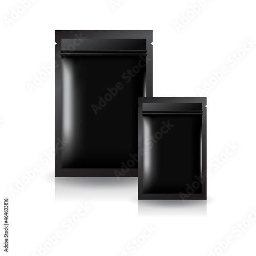 2 sizes blank black flat foil or plastic zip bag for food, healthy or beauty product.