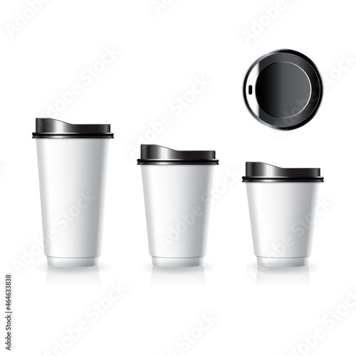 Blank white paper-plastic coffee-tea cup with top view black lid in large-medium-small size mockup template.