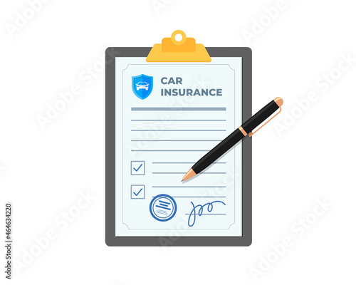 Car insurance policy on clipboard with pen. Contract for guarantee of repairs in event of road accident, breakdown or auto crash. Law legal preparedness transport accident risk vector eps illustration