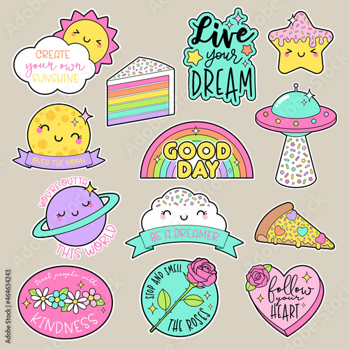 Set of fashion patches, cute colorful badges, inspirational quotes, fun cartoon icons design vector.