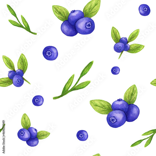 seamless pattern with Juicy blueberries. purple and green hand-painted watercolor elements on a white background.Illustration for cards and botanical magazines