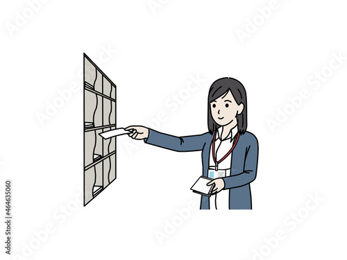 郵便局　年賀状　ハガキの仕分け　仕事　女性　イラスト素材