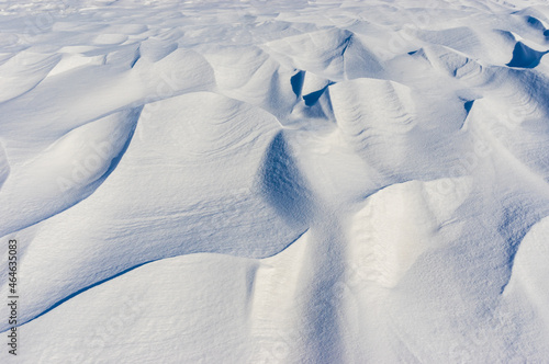 Landscape with snow shapes covering earth when windy weather at winter