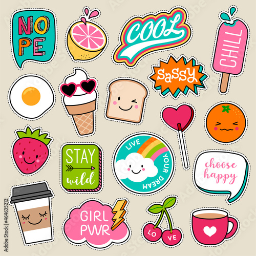 Set of fashion patches, cute colorful badges, fun cartoon icons design vector.