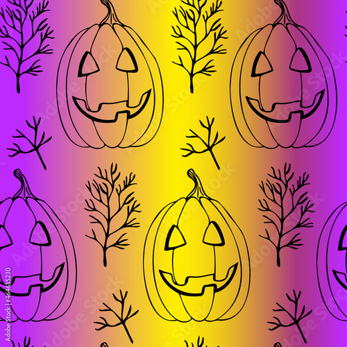 Jack light seamless pattern. Pumpkins on yellow and purple Halloween background. photo