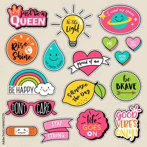 Set of fashion patches, cute colorful badges, fun cartoon icons design vector in motivation concept.