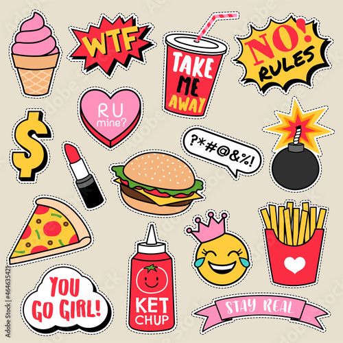 Set of fashion patches, cute colorful badges, fun cartoon fast foods icons design vector.
