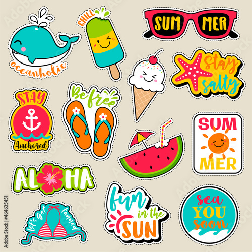 Set of fashion patches, cute colorful badges, fun cartoon icons design in summer holidays concept.