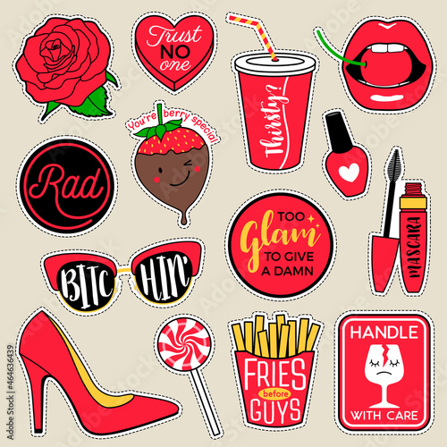 Set of fashion patches, cute red badges, fun cartoon icons in feminist and motivation concept.