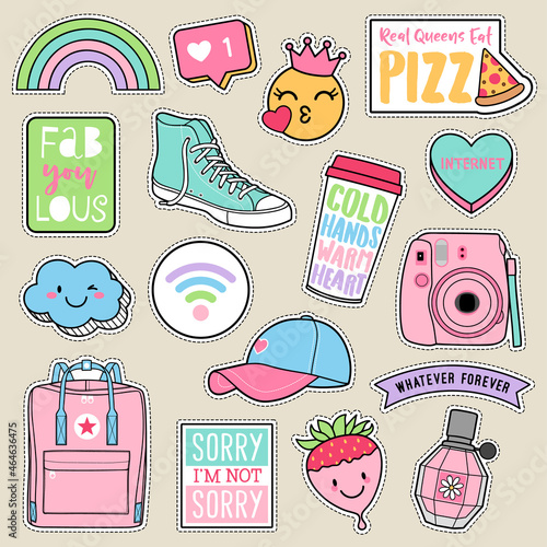 Set of fashion teenage girls patches, cute pastel badges, fun cartoon icons in teenager girl concept.