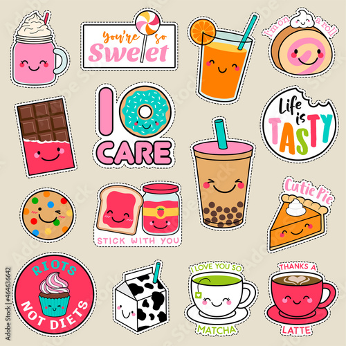 Set of fashion patches, cute colorful badges, fun cartoon icons design in dessert concept.