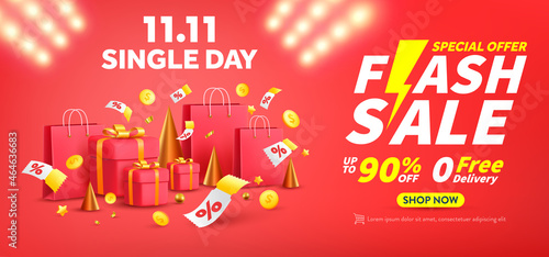 11.11 Single day and Flash Sale Shopping banner with gift box and shopping bag.11 november sales banner template design for social media and website.Single day Special Offer and Flash Sale campaign photo