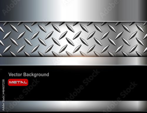 Silver polished steel  texture background, shiny chrome metallic with diamond plate texture and black banner, 3d vector lustrous metal design.