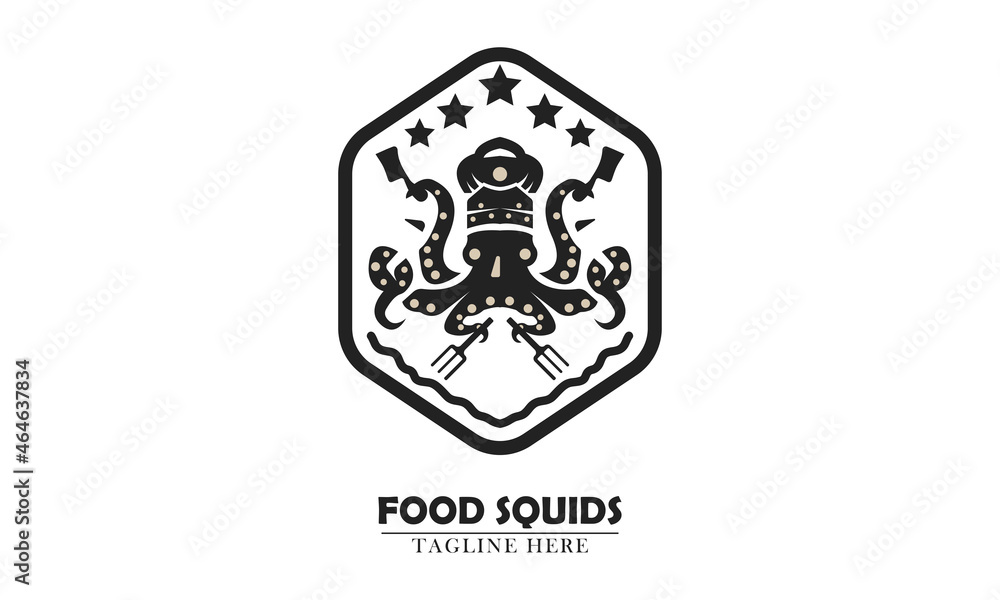 squid holding knife and fork in hexagon outline logo icon element