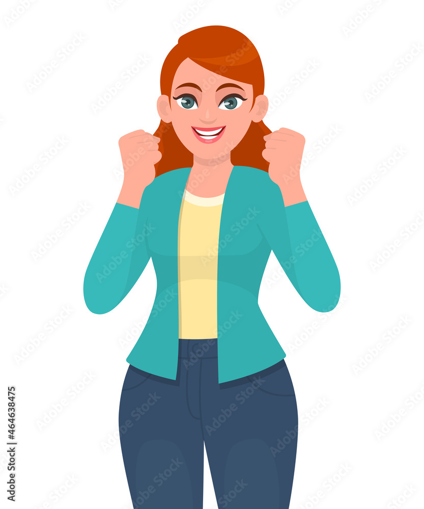 Trendy girl showing success gesture with raised hand fist. Young woman celebrating victory symbol with arms. Female character illustration design. Modern lifestyle concept in vector cartoon style. Trendy girl showing success gesture with raised hand fist. Young woman celebrating victory symbol with arms. Female character illustration design. Modern lifestyle concept in vector cartoon style.