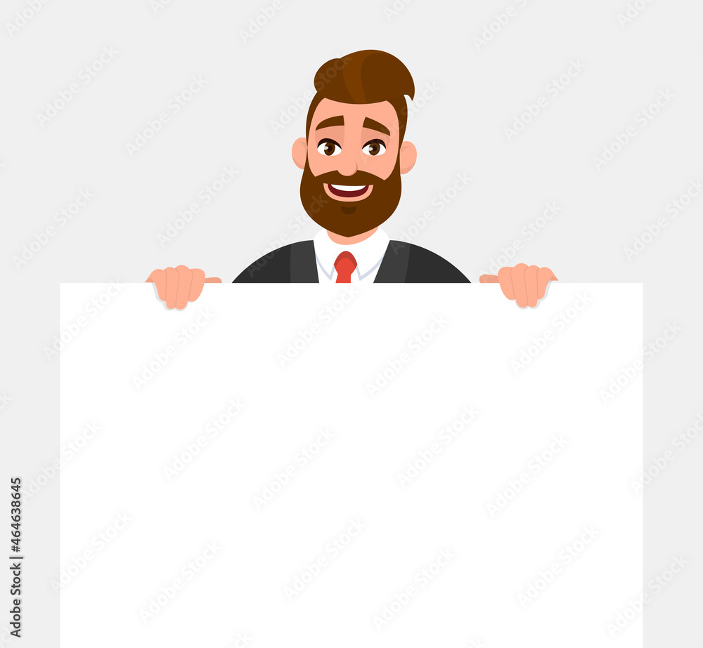 Young hipster businessman showing blank white poster or paper copy space area. Happy trendy person holding empty banner. Male presenting signboard or billboard. Cartoon illustration in vector style. Young hipster businessman showing blank white poster or paper copy space area. Happy trendy person holding empty banner. Male presenting signboard or billboard. Cartoon illustration in vector style.