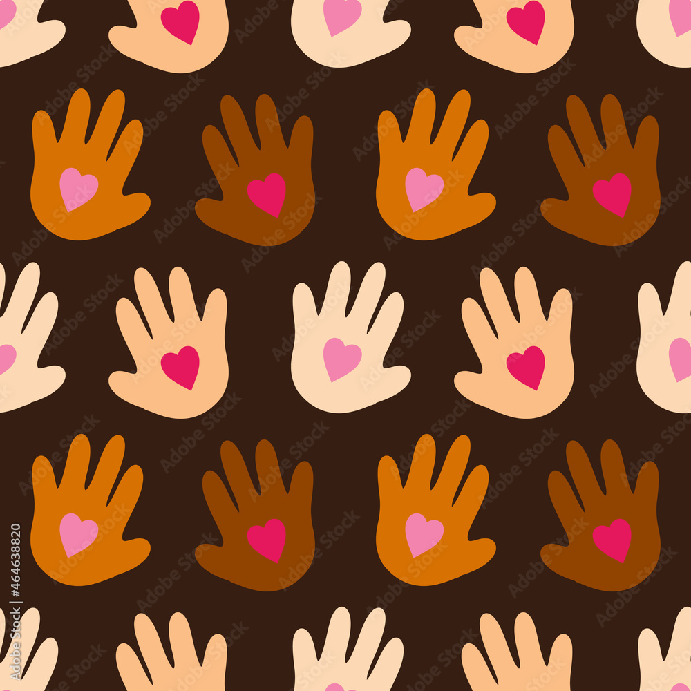 Cute cartoon style human hands, open palms with pink hearts vector seamless pattern background. Kindness, love, support concept.
