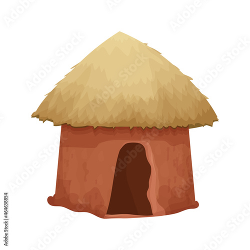African hut with straw roof and clay wall house in cartoon style isolated on white background. Tribal, rural desert building.