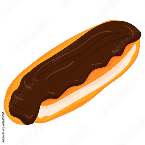 Cartoon illustration with eclair in chocolate glaze . Vector hand drawn graphic. Single food isolated art.