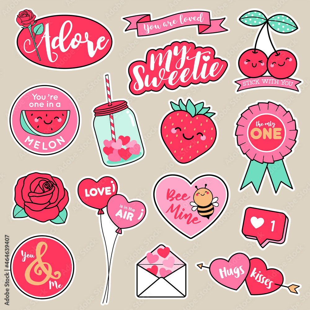 Set of girl fashion patches, cute cartoon badges, fun stickers ...