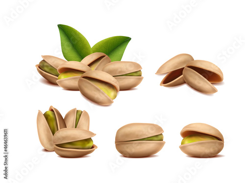 3d realistic vector icon. Pistachio nuts with leaves. Isolated on white background. Design element for packaging, banners, advertising and flyers.