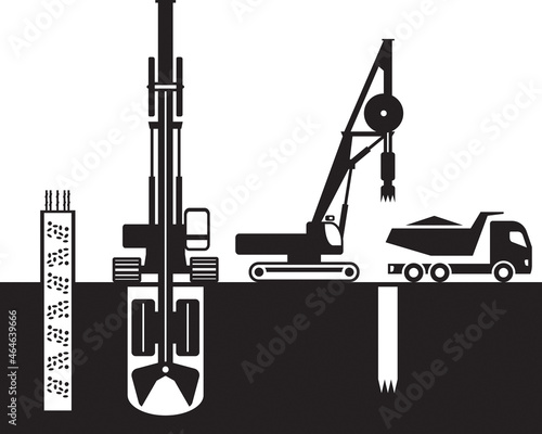 Excavators digging the foundations of a building - vector illustration