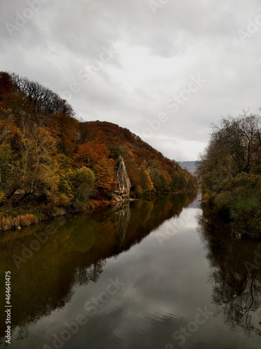 Autumn landscape with a river, yellowed trees and a gloomy sky