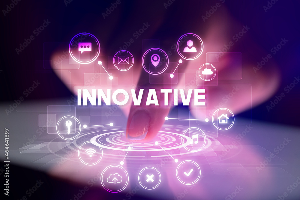 Finger touching tablet with web technology icons concept Finger touching tablet with web technology icons concept