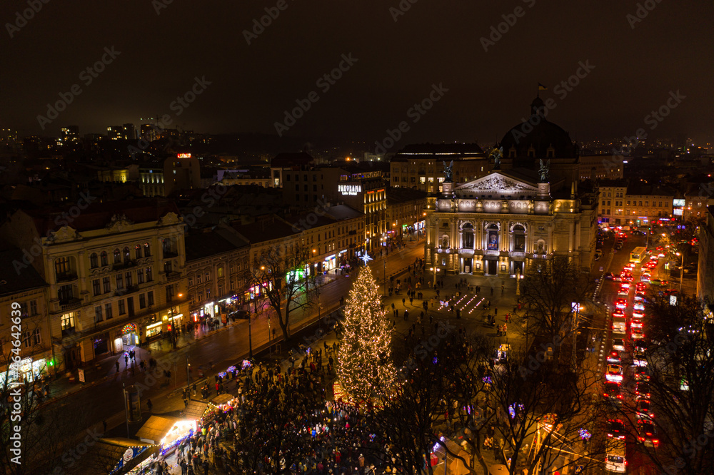  Christmas tree near Opera House in Lviv, Ukraine. View from drone