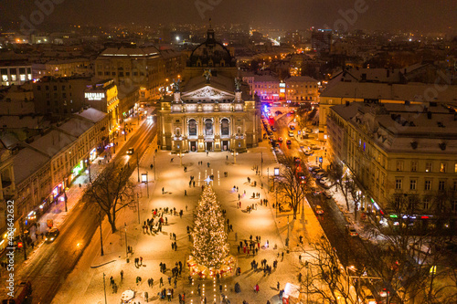  Christmas tree near Opera House in Lviv, Ukraine. View from drone