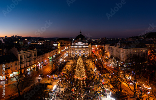  Christmas tree near Opera House in Lviv, Ukraine. View from drone