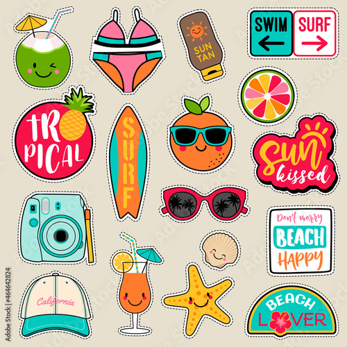 Set of fashion patches, cute colorful badges, fun cartoon icons design vector in summer holidays concept.