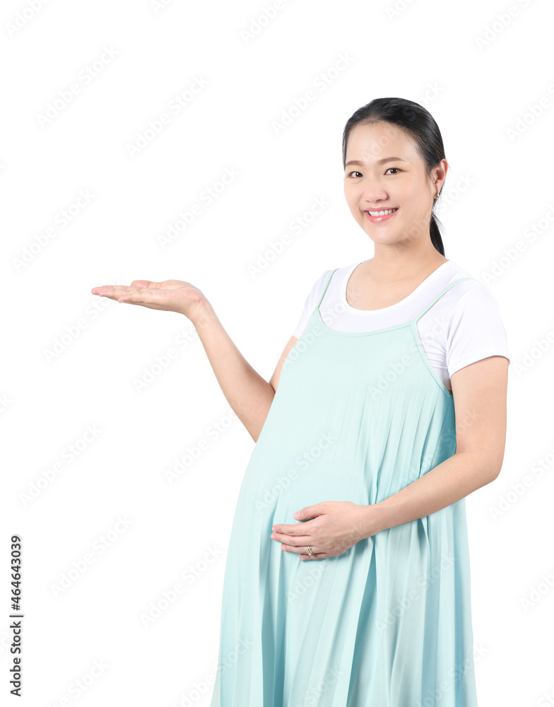 Asian pregnant woman showing empty hand for product presenting isolated on white background. Asian pregnant woman showing empty hand for product presenting isolated on white background.