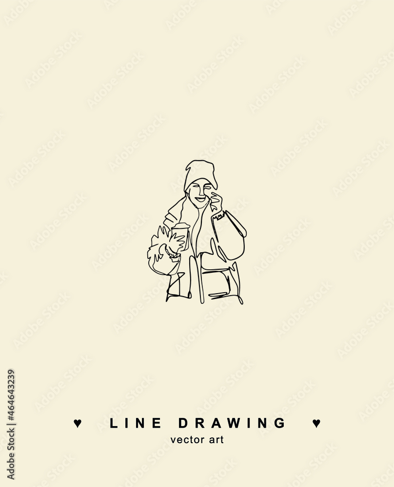 Continuous one line drawing of man portrait. Hairstyle. Fashionable men's style. A man in a hat drawn by a line. A glass of coffee in hands. Drink takeaway coffee