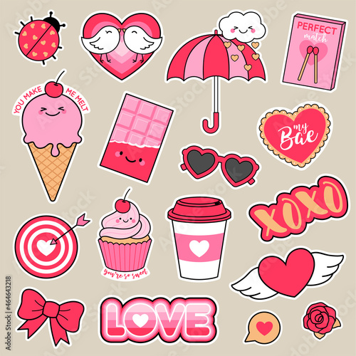 Set of girl fashion patches, cute cartoon badges, fun stickers design in love concept.