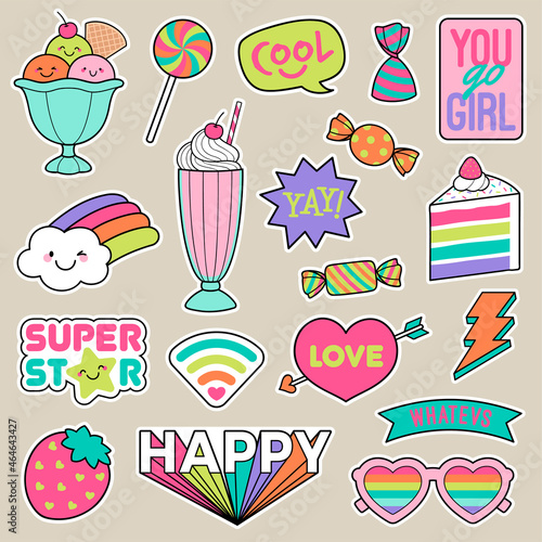 Set of girl fashion patches, cute colorful cartoon badges, fun stickers design.