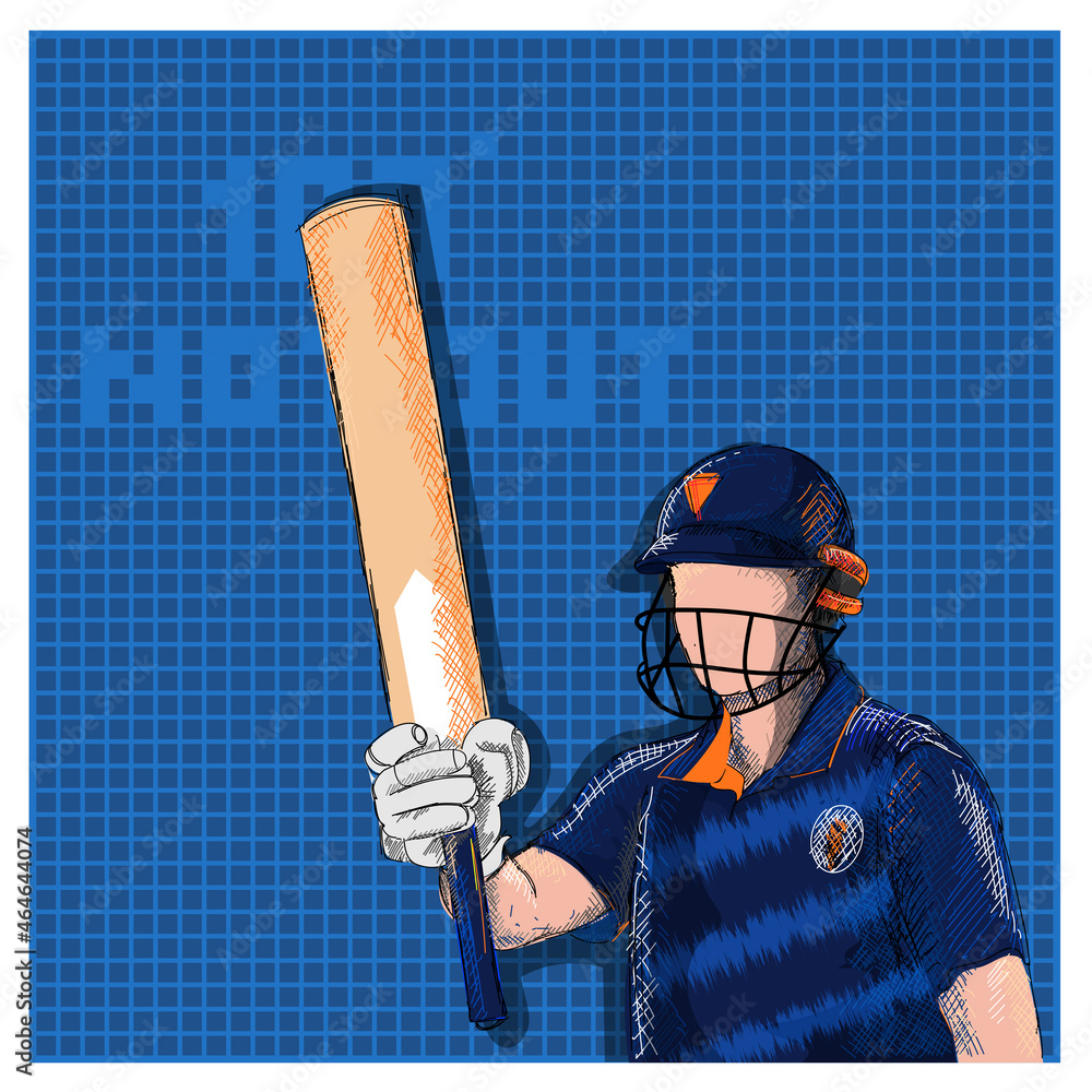 Doodle Indian Cricket Batter Raising His Bat And 100 Not Out Font On Blue Grid Background. Doodle Indian Cricket Batter Raising His Bat And 100 Not Out Font On Blue Grid Background.