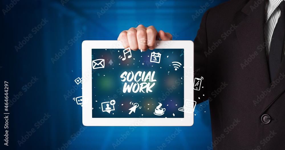 Person holding tablet, social network concept Person holding tablet, social network concept