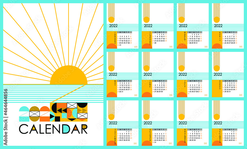 2022 calendar template. Corporate and business calendar in minimalist, geometric style design concept. The week starts on Sunday. Set of 12 months 2022 pages and cover. Vector illustration