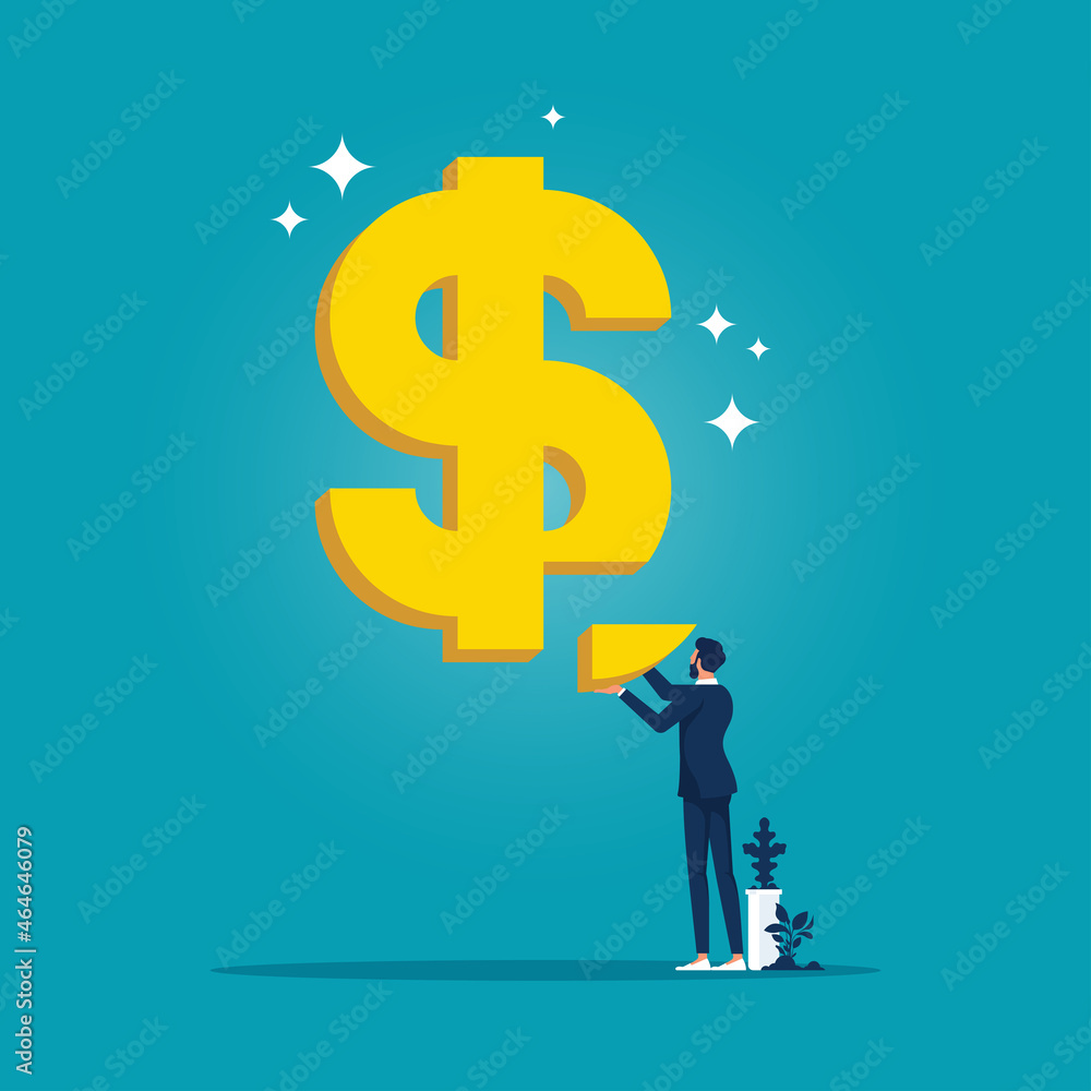 Businessman solving puzzle making dollar icon money, making money-complete business growth concept Businessman solving puzzle making dollar icon money, making money-complete business growth concept