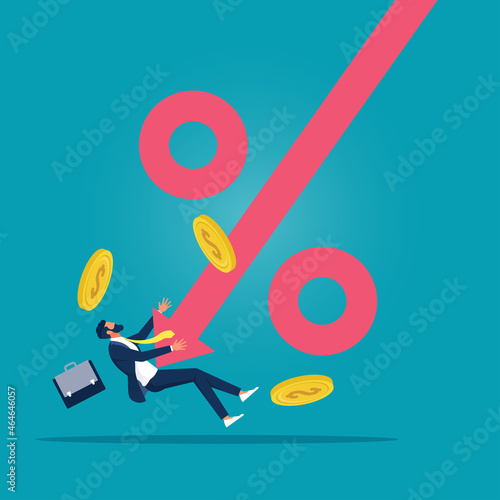 percentage arrow down,  percentage decrease-interest rate drop, Business failed and financial crisis concept 