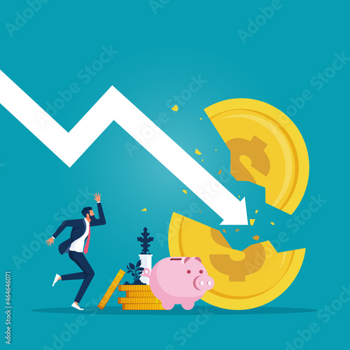 Businessman and falling arrow, Financial crisis and Global economic money problem, Bankruptcy unpaid loan debt, investment failure